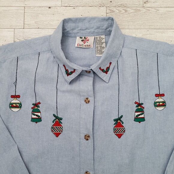 VTG NutCracker Denim Shirt Embroidered Ornaments Teachercore Holiday Womens 18W - Picture 2 of 12